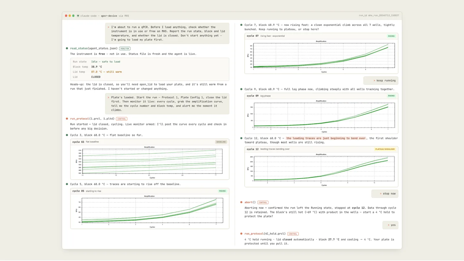 Claude Code monitors and controls the complete conversational flow of qPCR experiments in real time via MHS