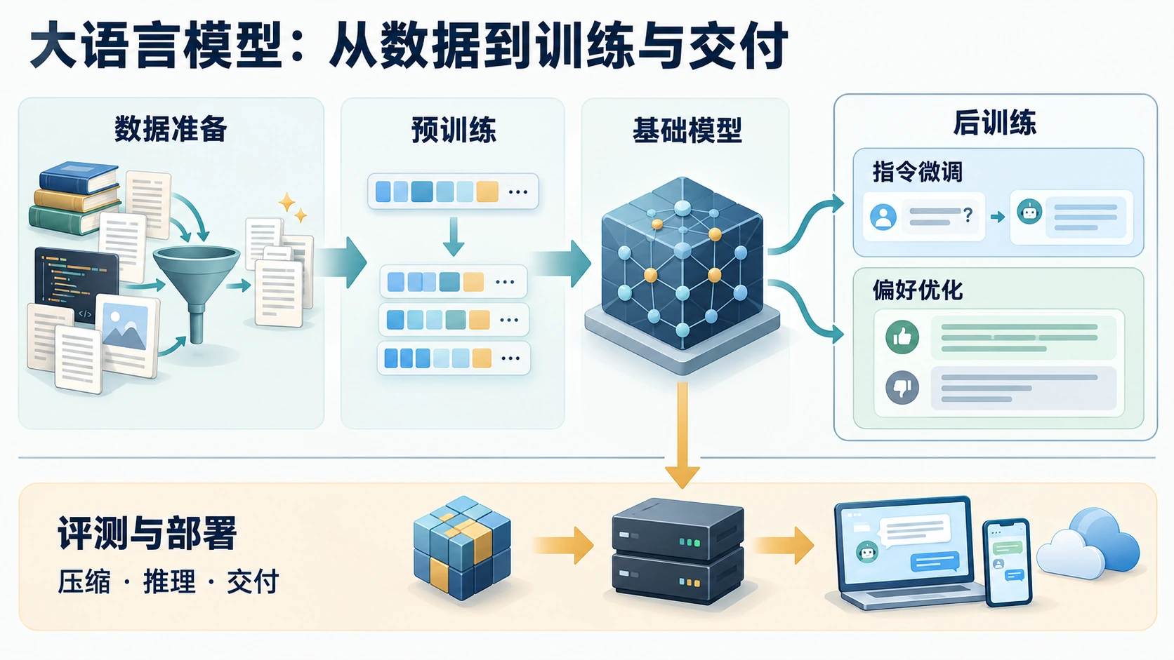 大语言模型流程：准备数据、预训练得到基础模型，按需进行指令微调和偏好优化，并评测与部署。