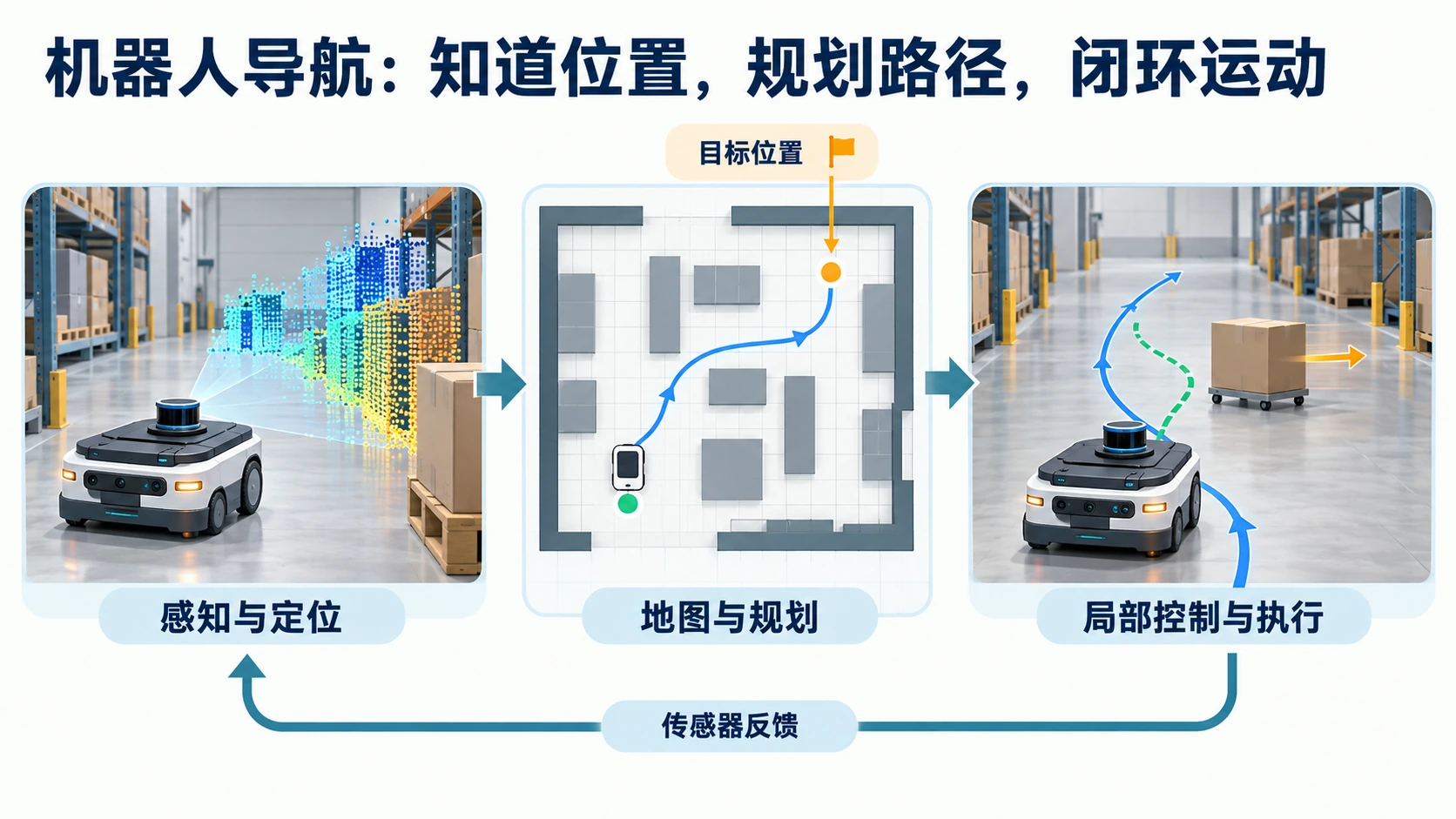 传统机器人导航通过感知与定位、地图与规划、局部控制与执行实现目标移动，并持续接收传感器反馈。
