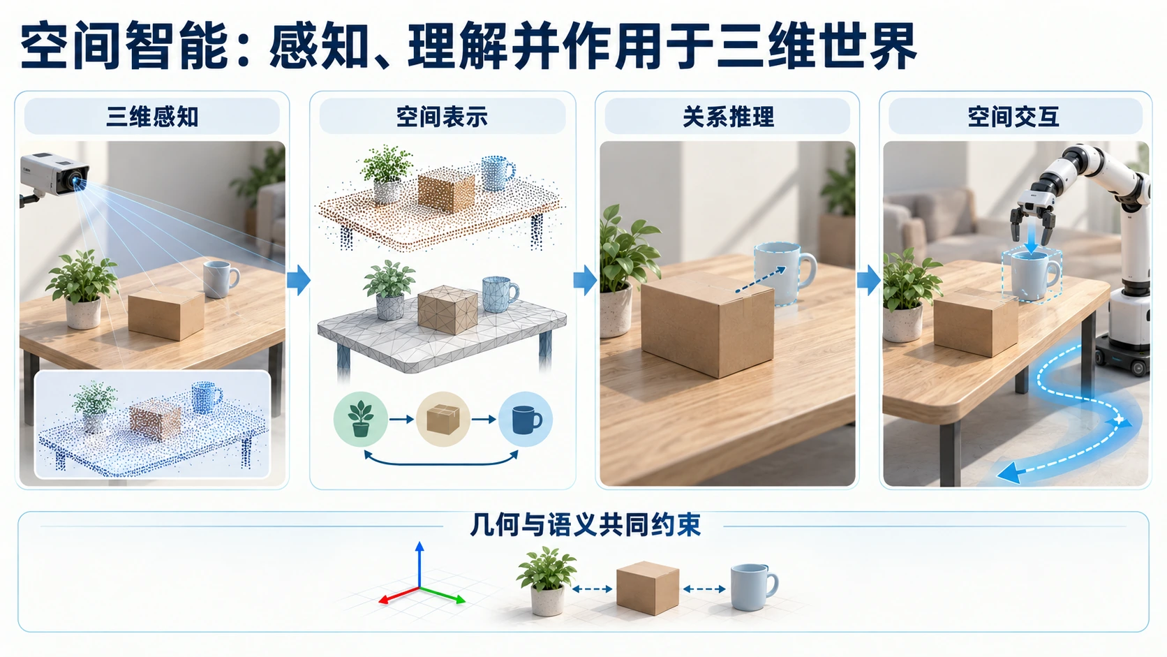 空间智能的四项相互关联能力：三维感知、空间表示、关系推理与空间交互，由几何和语义共同约束。