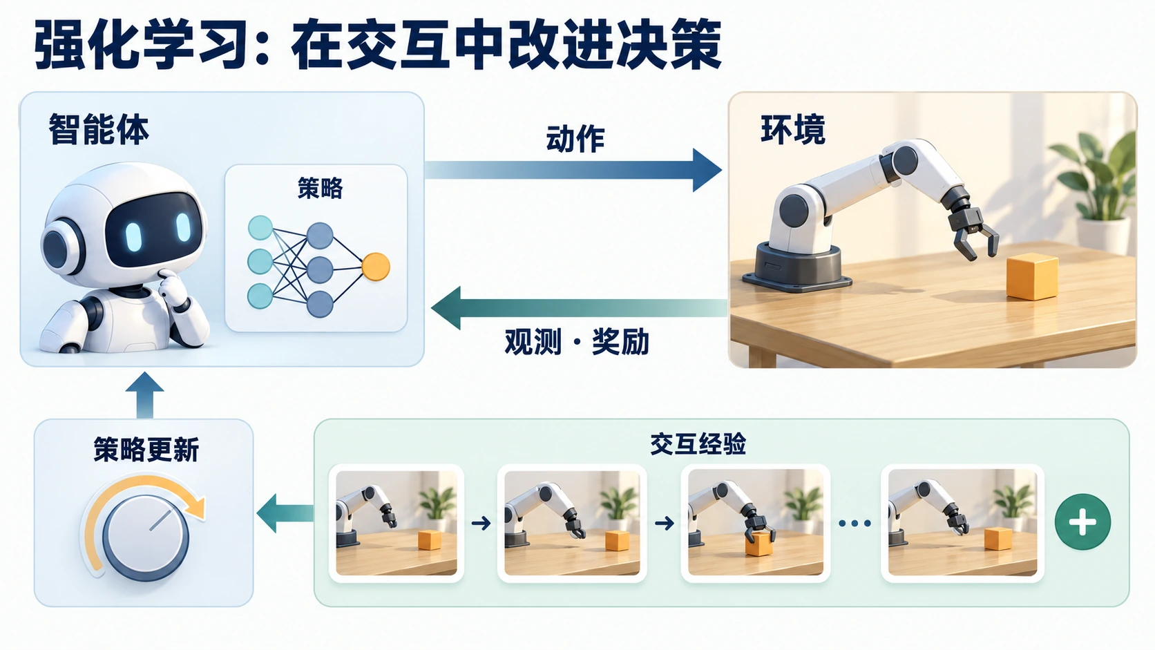 强化学习的交互闭环：智能体选择动作，环境返回观测与奖励，交互经验用于策略更新。