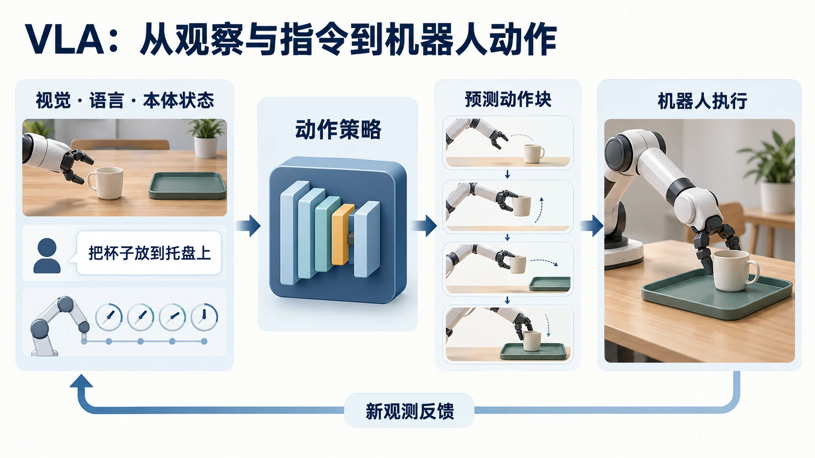 VLA 闭环：视觉、语言和本体状态输入动作策略，预测动作块，经机器人执行后获取新观测。