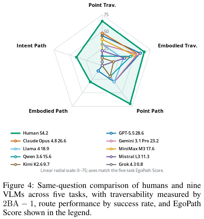 Five-task radar chart compared with the same question: Human (thick green line) EgoPath Score 54.2, the strongest VLM is only 28.6 in this batch of questions, and the advantage covers all five axes rather than focusing on one item