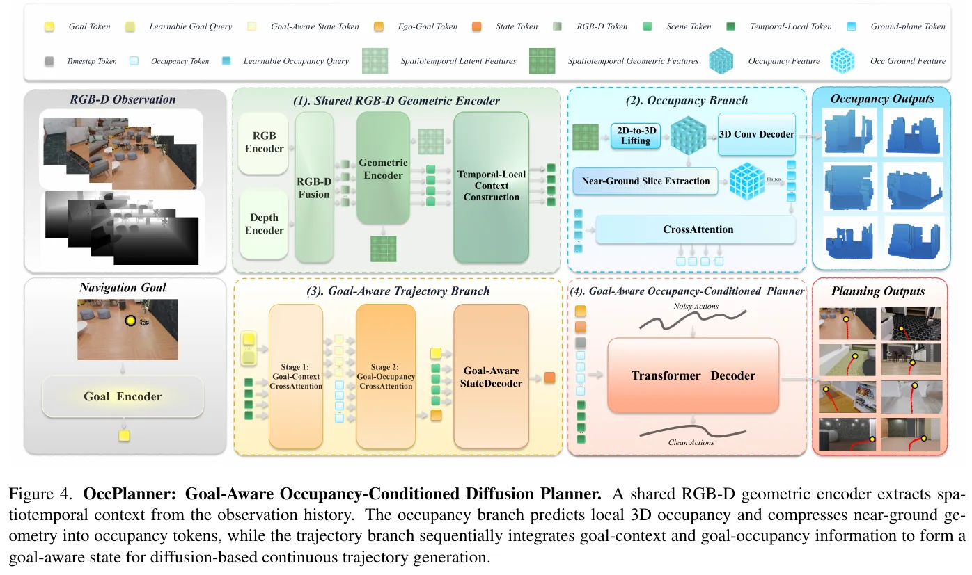 OccPlanner architecture. The shared RGB-D geometry encoder extracts spatiotemporal context; the occupancy branch predicts local 3D occupancy and compresses near-ground geometry into occupancy tokens; the trajectory branch sequentially fuses target-context and target-occupancy information to form a target sensing state for diffusion to generate continuous trajectories