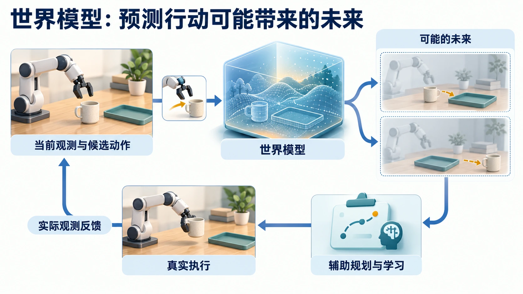 世界模型根据当前观测及候选动作预测可能的未来，辅助规划或学习，再以真实交互观测校验结果。